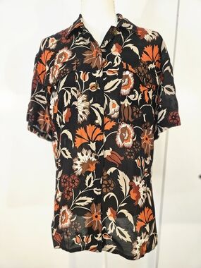 Italian Skema Floral Button-Front Blouse in Black and Orange S